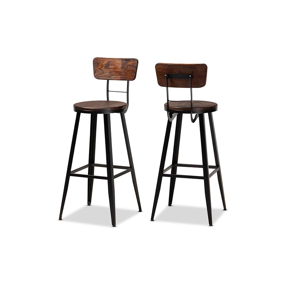 Baxton Studio Kenna Vintage Rustic Industrial Wood and Black Metal Finished 2-Piece Metal Bar Stool Set. Picture 1