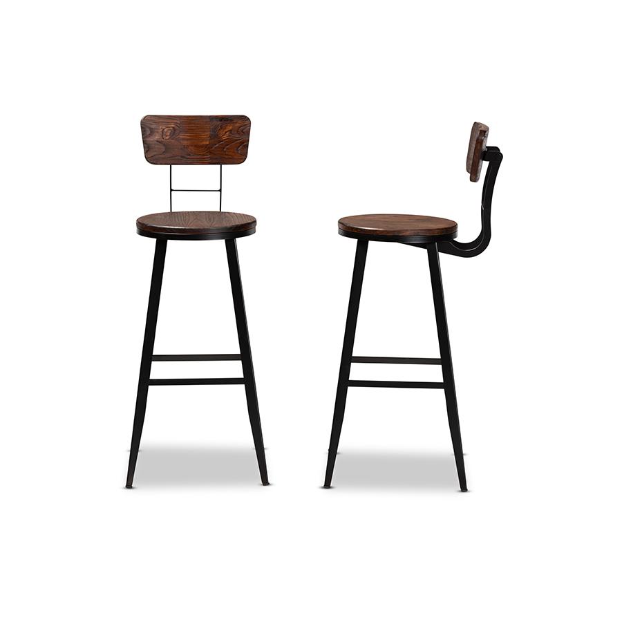 Baxton Studio Kenna Vintage Rustic Industrial Wood and Black Metal Finished 2-Piece Metal Bar Stool Set. Picture 4