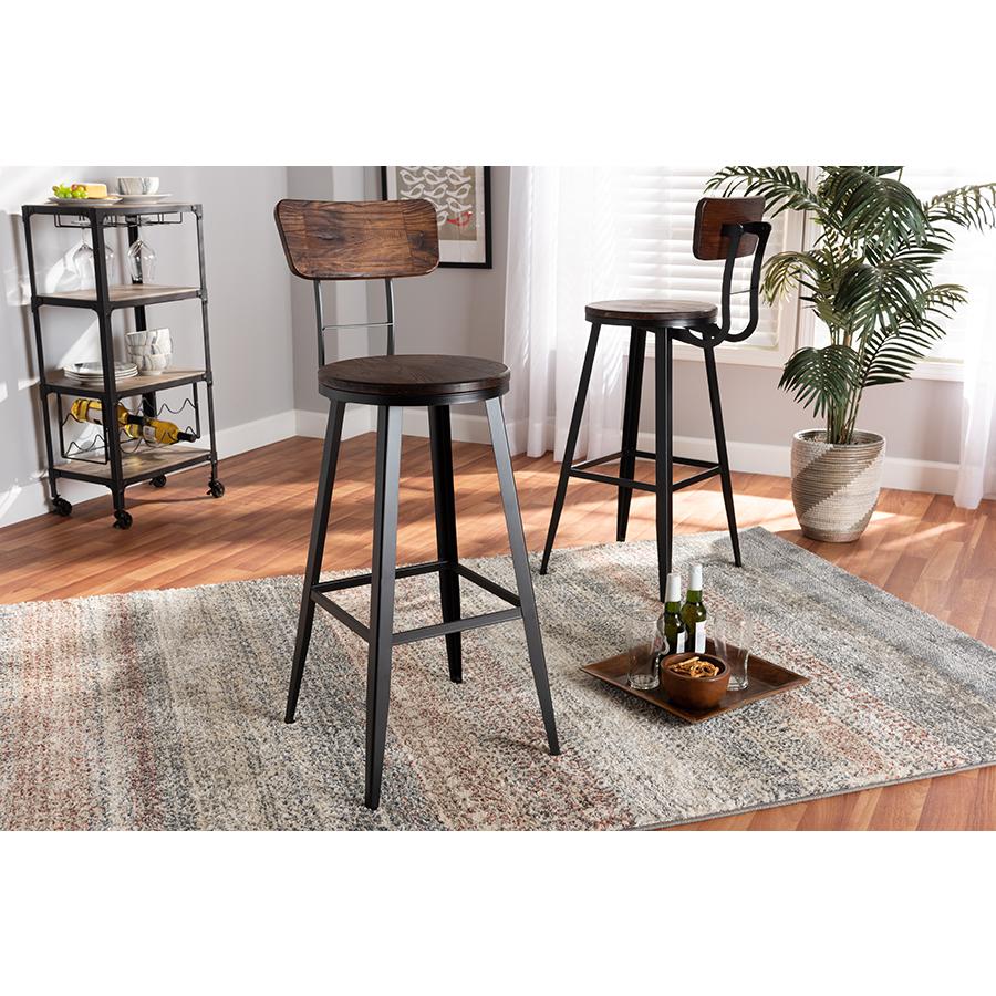 Baxton Studio Kenna Vintage Rustic Industrial Wood and Black Metal Finished 2-Piece Metal Bar Stool Set. Picture 2