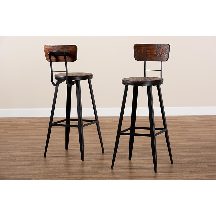 Baxton Studio Kenna Vintage Rustic Industrial Wood and Black Metal Finished 2-Piece Metal Bar Stool Set. Picture 7