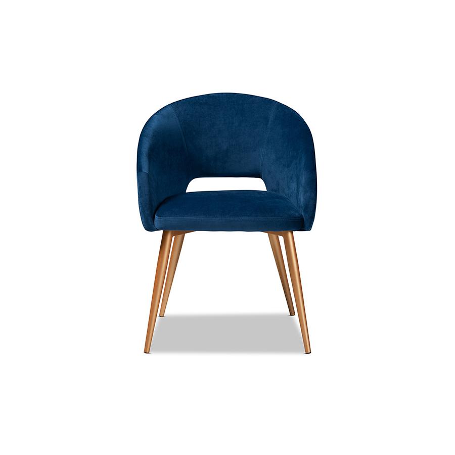 Baxton Studio Vianne Glam and Luxe Navy Blue Velvet Fabric Upholstered Gold Finished Metal Dining Chair. Picture 2