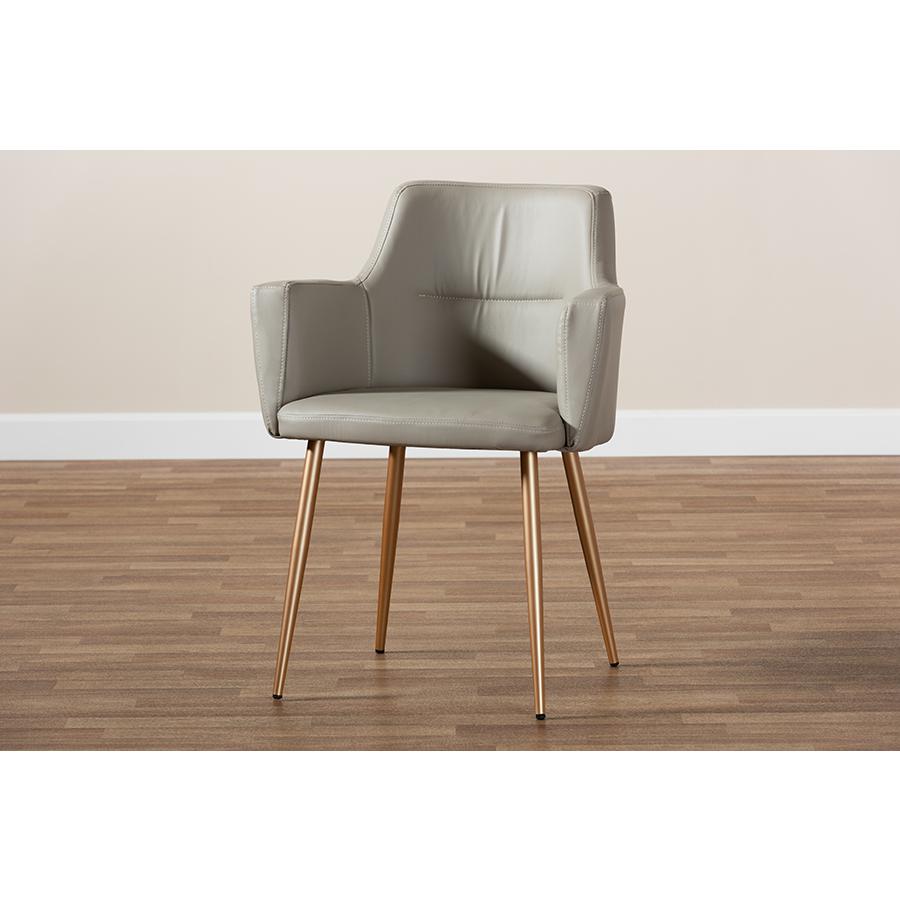 Martine Glam and Luxe Grey Faux Leather Upholstered Gold Finished Metal Dining Chair. Picture 2
