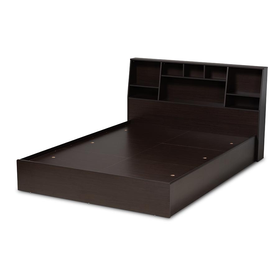 Dark Brown Finished Wood Queen Size Platform Storage Bed with Shelves. Picture 3