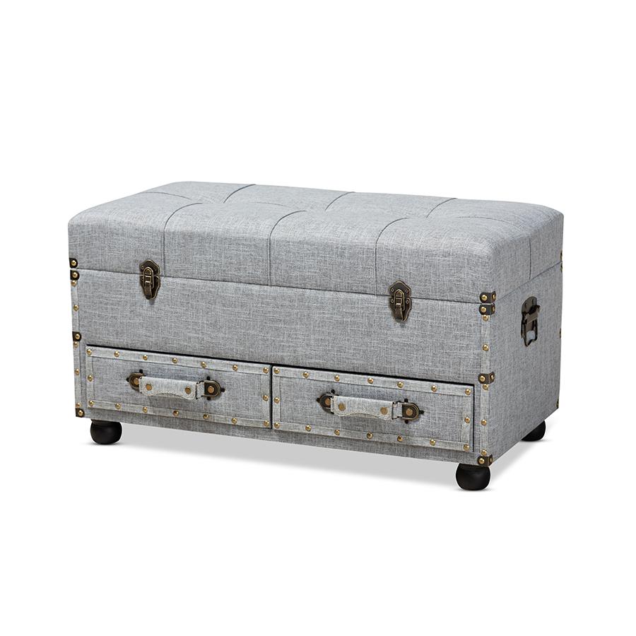 Flynn Modern Transitional Grey Fabric Upholstered 2-Drawer Storage Trunk Ottoman. Picture 1