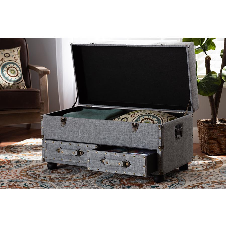Flynn Modern Transitional Grey Fabric Upholstered 2-Drawer Storage Trunk Ottoman. Picture 10