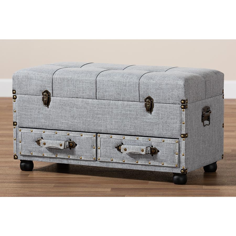 Flynn Modern Transitional Grey Fabric Upholstered 2-Drawer Storage Trunk Ottoman. Picture 11