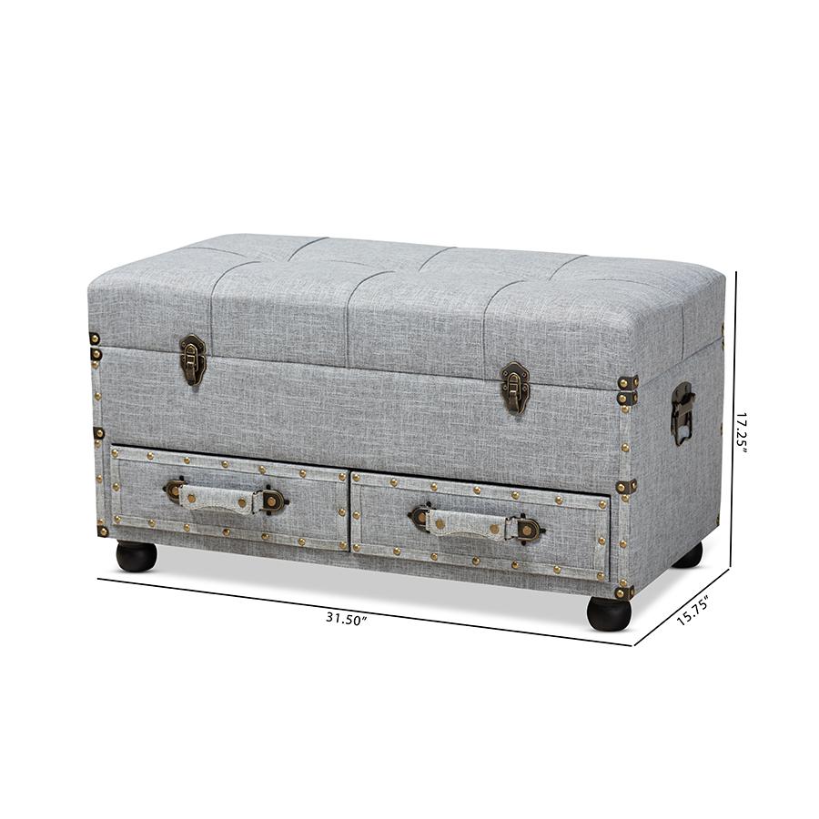 Flynn Modern Transitional Grey Fabric Upholstered 2-Drawer Storage Trunk Ottoman. Picture 12