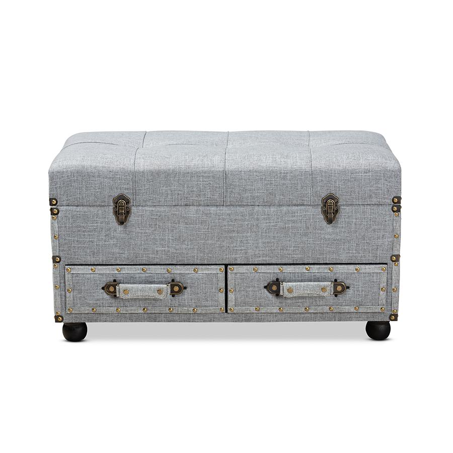 Flynn Modern Transitional Grey Fabric Upholstered 2-Drawer Storage Trunk Ottoman. Picture 3