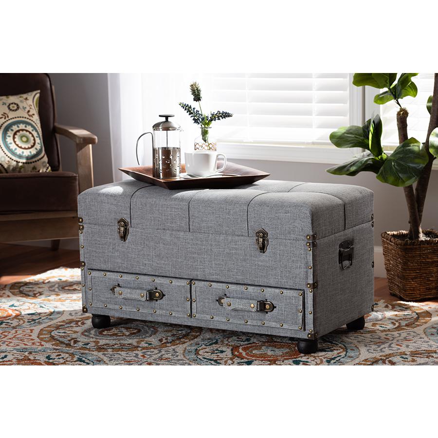 Flynn Modern Transitional Grey Fabric Upholstered 2-Drawer Storage Trunk Ottoman. Picture 9