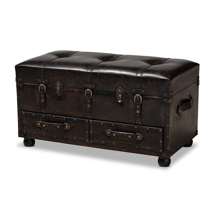 Callum Modern Transitional Distressed Dark Brown Faux Leather Upholstered 2-Drawer Storage Trunk Ottoman. Picture 1