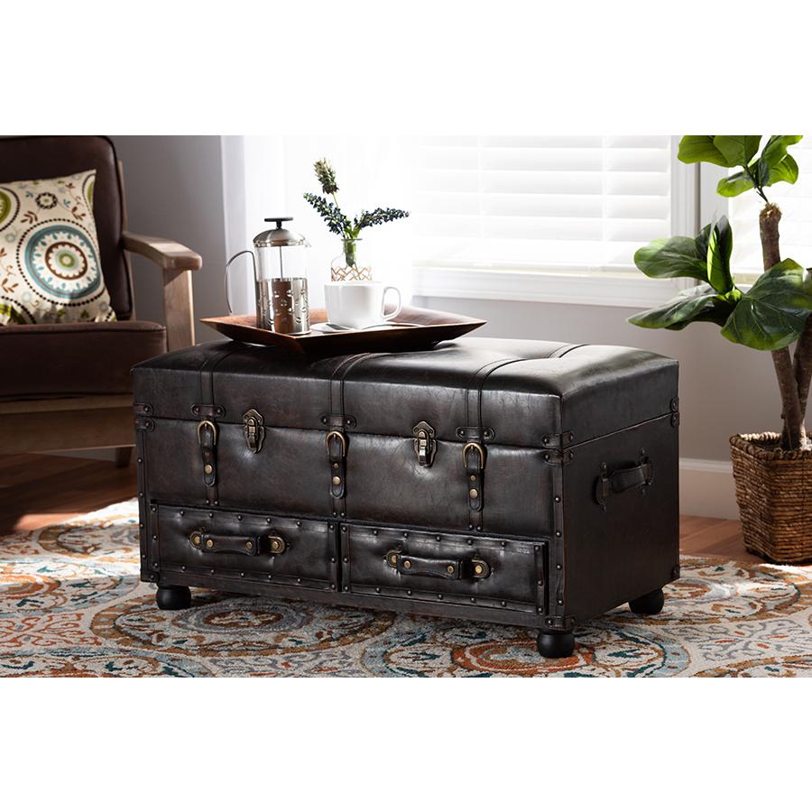 Callum Modern Transitional Distressed Dark Brown Faux Leather Upholstered 2-Drawer Storage Trunk Ottoman. Picture 10