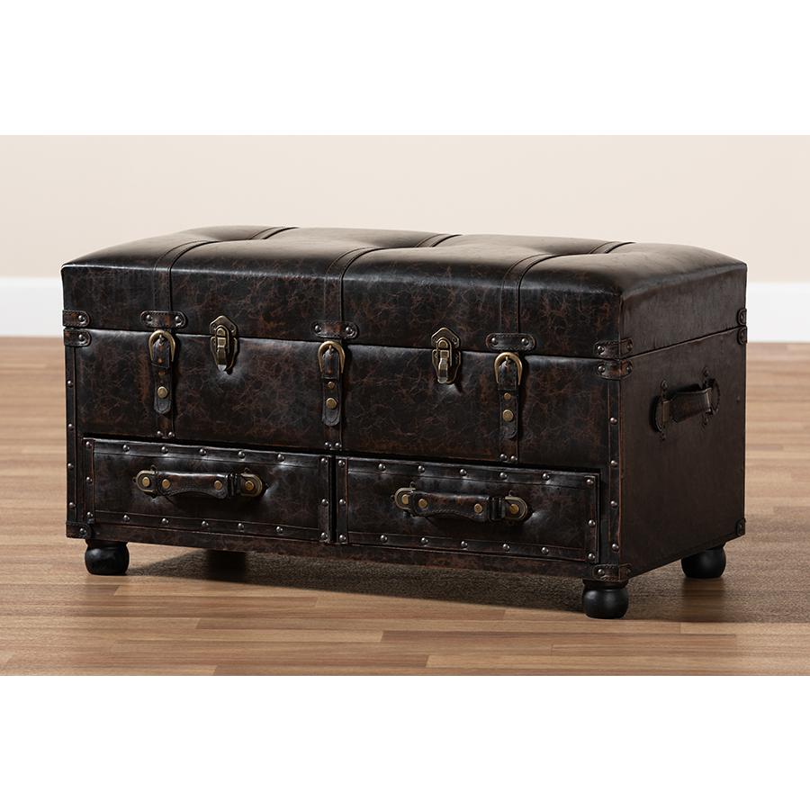 Callum Modern Transitional Distressed Dark Brown Faux Leather Upholstered 2-Drawer Storage Trunk Ottoman. Picture 12