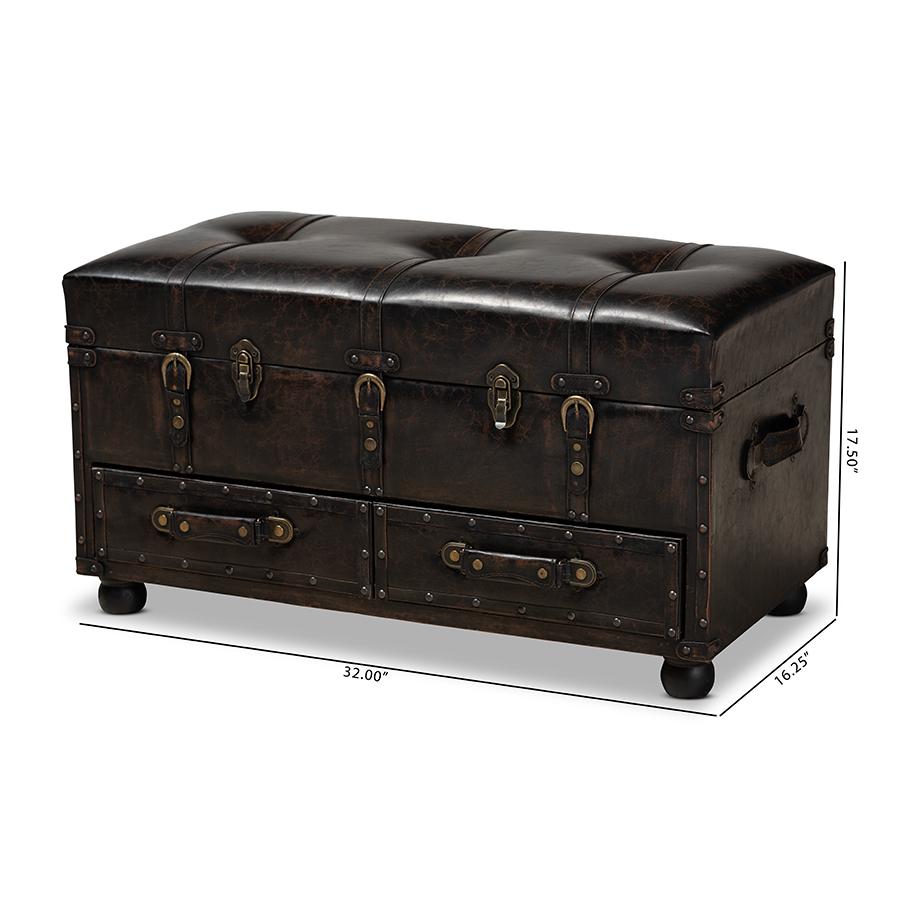 Callum Modern Transitional Distressed Dark Brown Faux Leather Upholstered 2-Drawer Storage Trunk Ottoman. Picture 13