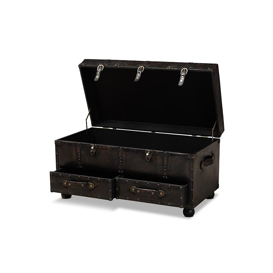 Callum Modern Transitional Distressed Dark Brown Faux Leather Upholstered 2-Drawer Storage Trunk Ottoman. Picture 2