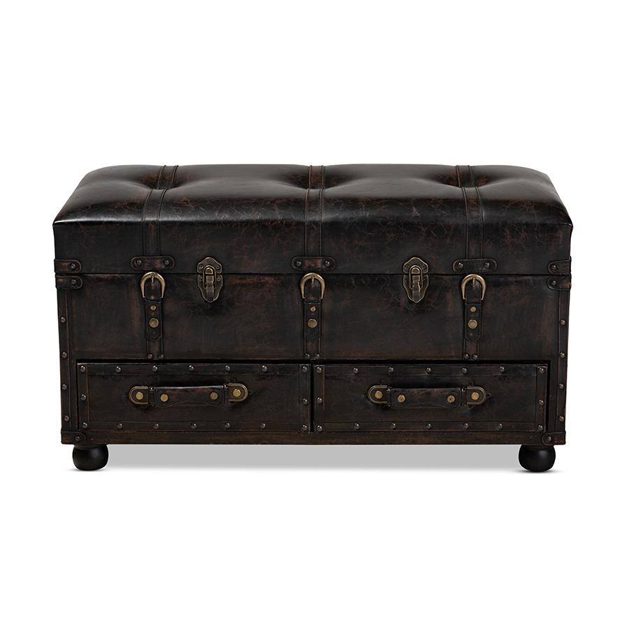 Callum Modern Transitional Distressed Dark Brown Faux Leather Upholstered 2-Drawer Storage Trunk Ottoman. Picture 3
