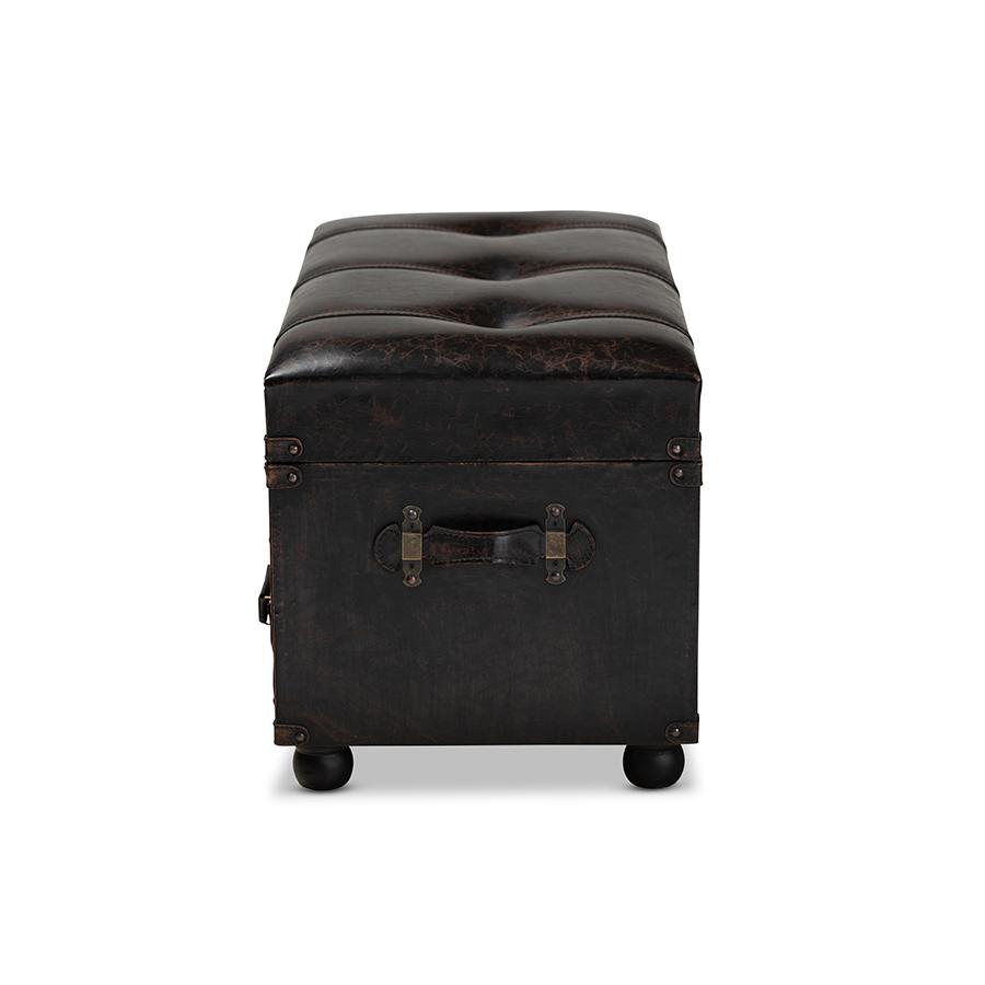Callum Modern Transitional Distressed Dark Brown Faux Leather Upholstered 2-Drawer Storage Trunk Ottoman. Picture 4