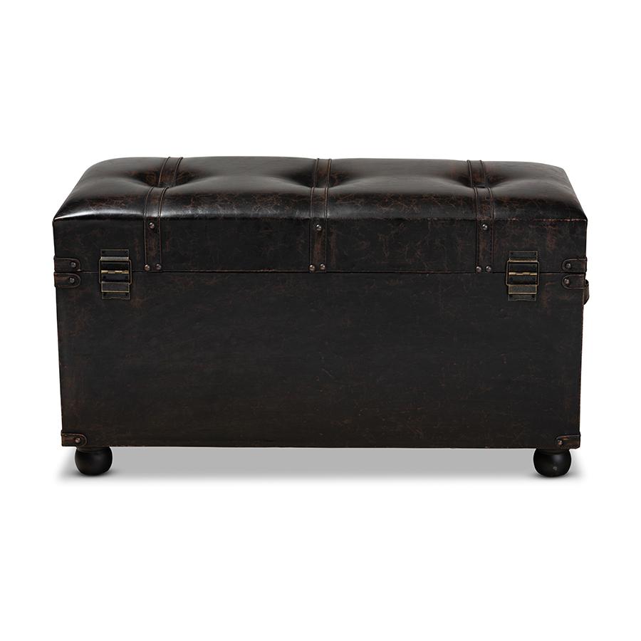 Callum Modern Transitional Distressed Dark Brown Faux Leather Upholstered 2-Drawer Storage Trunk Ottoman. Picture 5