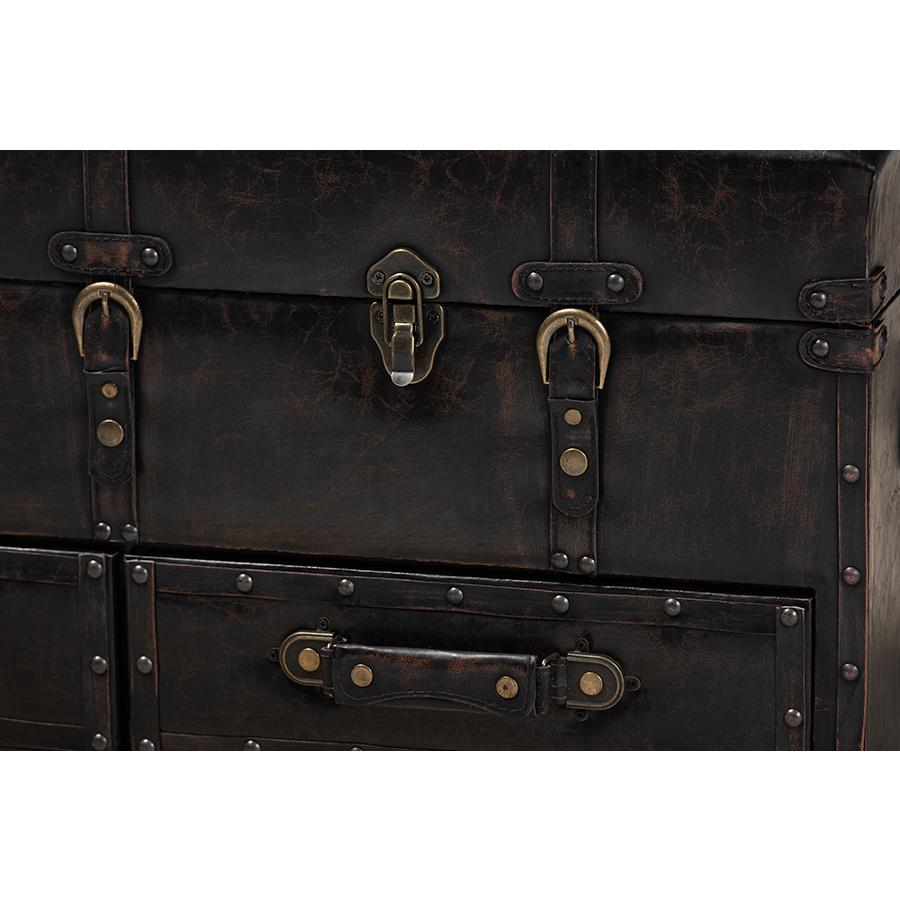 Callum Modern Transitional Distressed Dark Brown Faux Leather Upholstered 2-Drawer Storage Trunk Ottoman. Picture 7