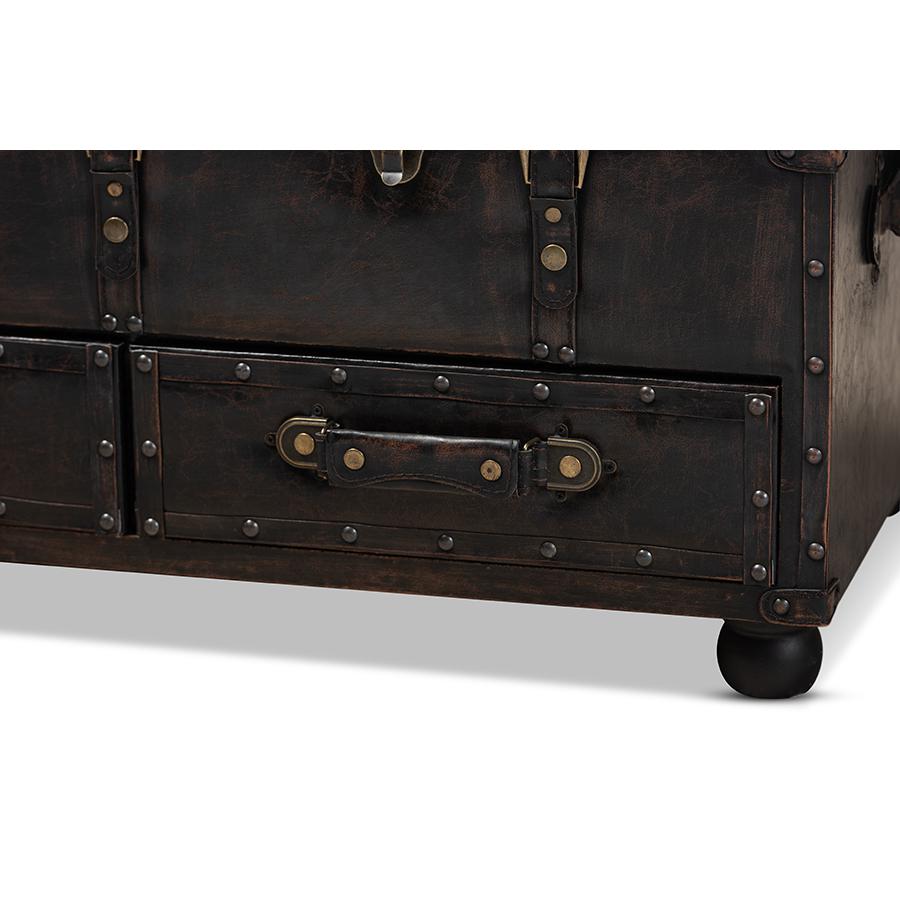 Callum Modern Transitional Distressed Dark Brown Faux Leather Upholstered 2-Drawer Storage Trunk Ottoman. Picture 9
