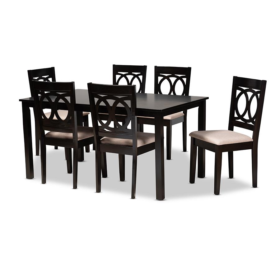 Lenoir Modern and Contemporary Sand Fabric Upholstered Espresso Brown Finished Wood 7-Piece Dining Set. The main picture.