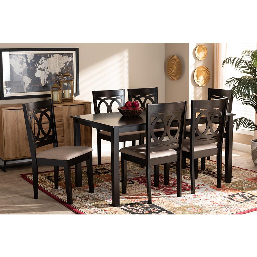 Lenoir Modern and Contemporary Sand Fabric Upholstered Espresso Brown Finished Wood 7-Piece Dining Set. Picture 8