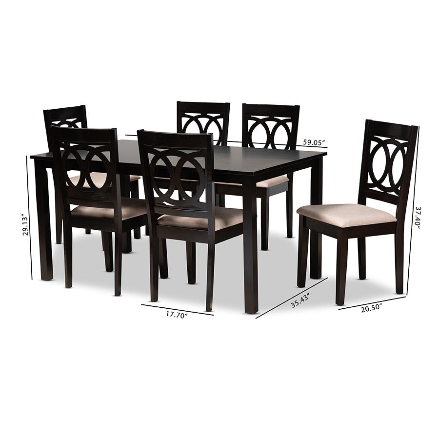 Lenoir Modern and Contemporary Sand Fabric Upholstered Espresso Brown Finished Wood 7-Piece Dining Set. Picture 7