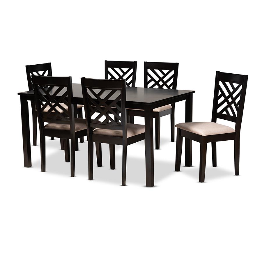 Sand Fabric Upholstered Espresso Brown Finished Wood 7-Piece Dining Set. Picture 1