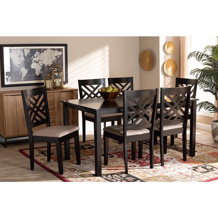 Sand Fabric Upholstered Espresso Brown Finished Wood 7-Piece Dining Set. Picture 5