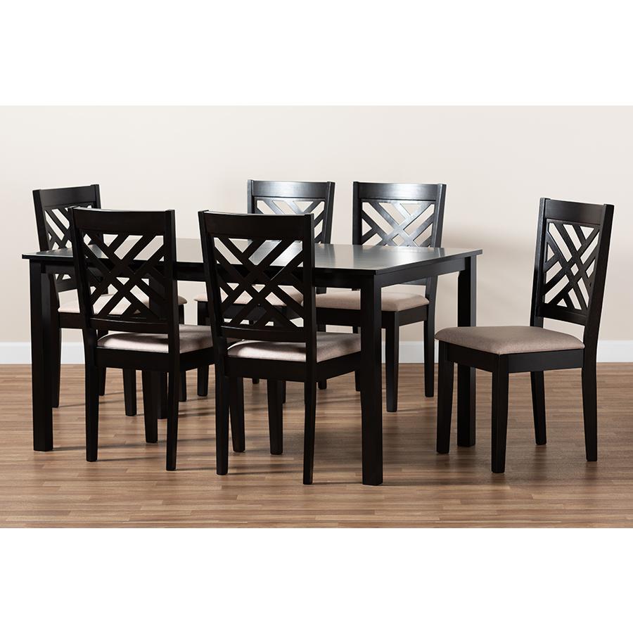 Sand Fabric Upholstered Espresso Brown Finished Wood 7-Piece Dining Set. Picture 6