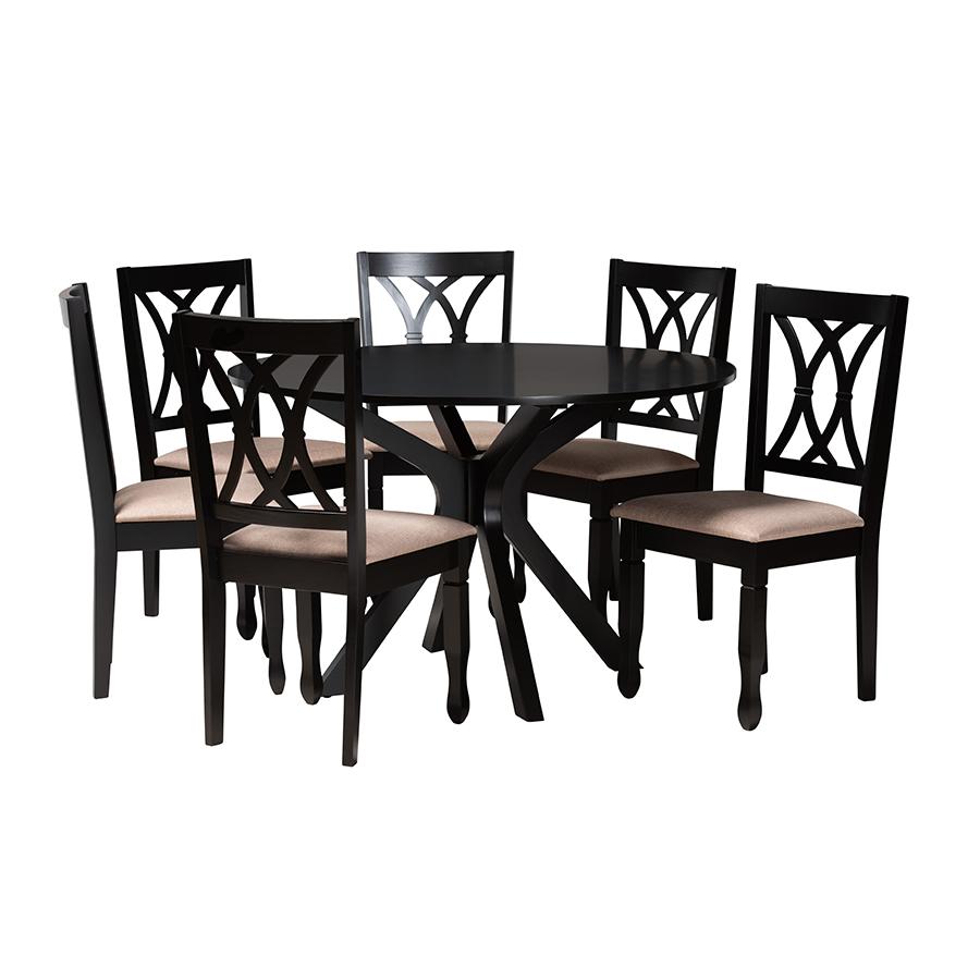 Maya Modern Beige Fabric and Espresso Brown Finished Wood 7-Piece Dining Set. Picture 1