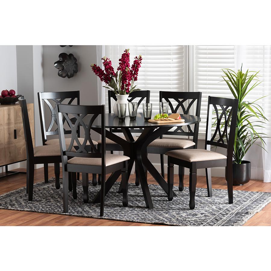 Maya Modern Beige Fabric and Espresso Brown Finished Wood 7-Piece Dining Set. Picture 8