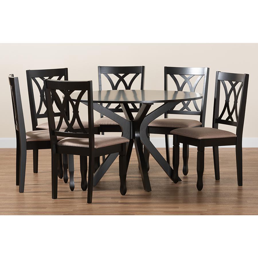 Maya Modern Beige Fabric and Espresso Brown Finished Wood 7-Piece Dining Set. Picture 9