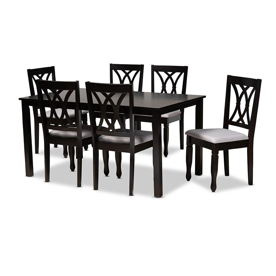 Grey Fabric Upholstered Espresso Brown Finished Wood 7-Piece Dining Set. Picture 1