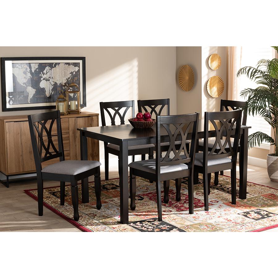 Grey Fabric Upholstered Espresso Brown Finished Wood 7-Piece Dining Set. Picture 6