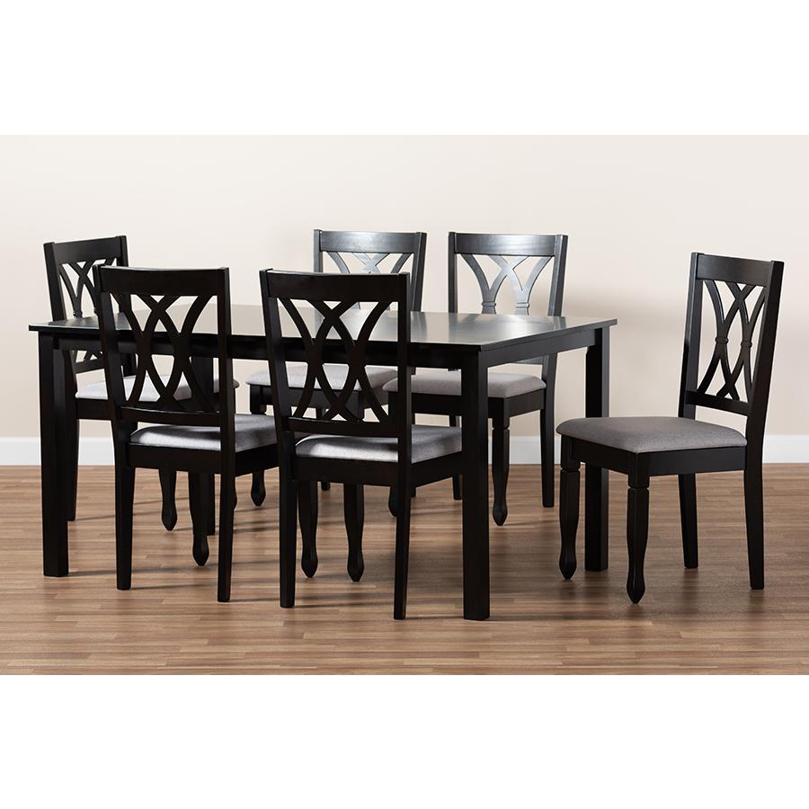 Grey Fabric Upholstered Espresso Brown Finished Wood 7-Piece Dining Set. Picture 7