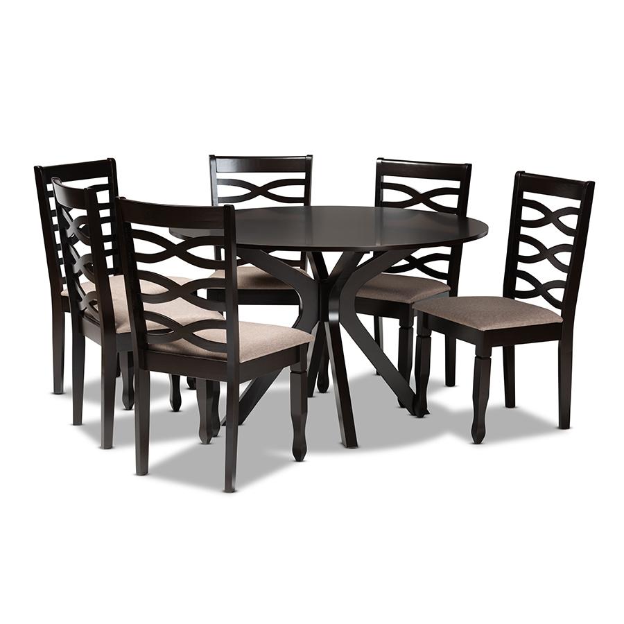 Sand Fabric Upholstered Dark Brown Finished Wood 7-Piece Dining Set. Picture 1