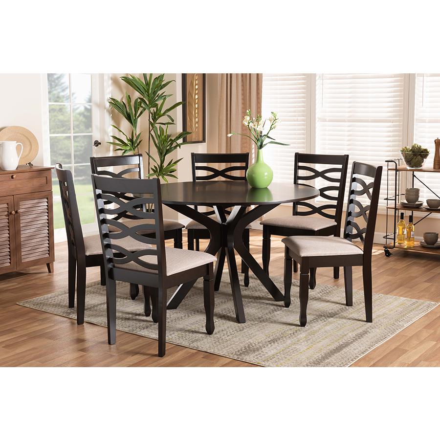 Sand Fabric Upholstered Dark Brown Finished Wood 7-Piece Dining Set. Picture 7