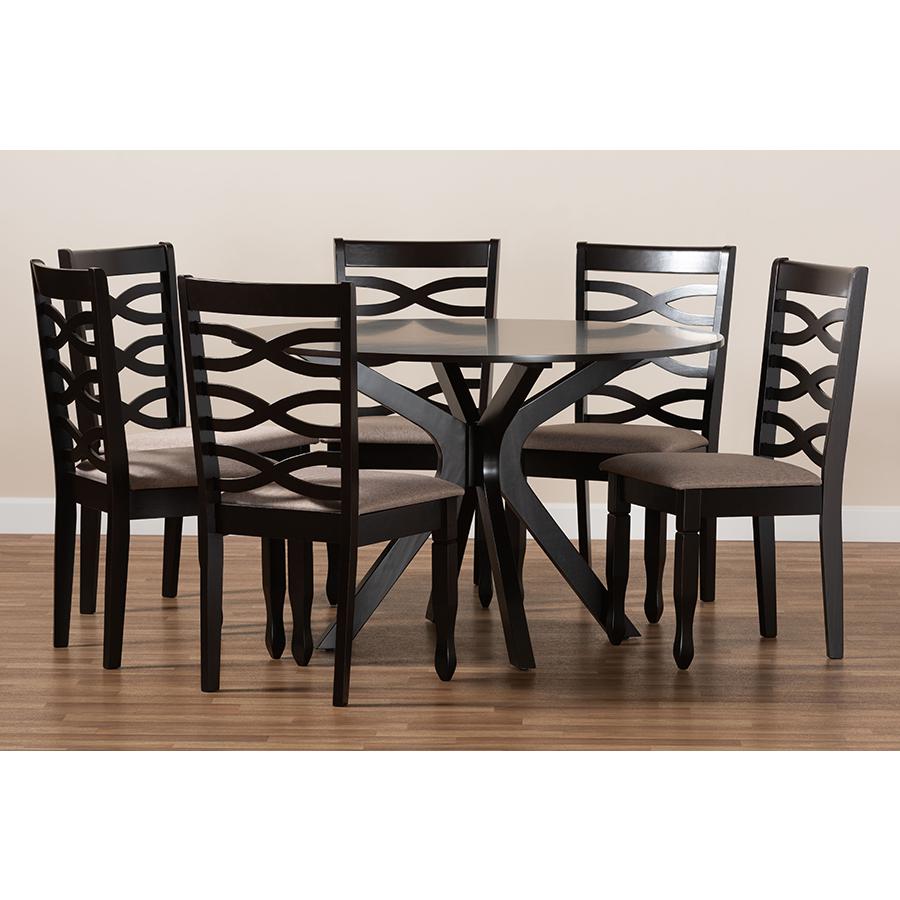 Sand Fabric Upholstered Dark Brown Finished Wood 7-Piece Dining Set. Picture 8