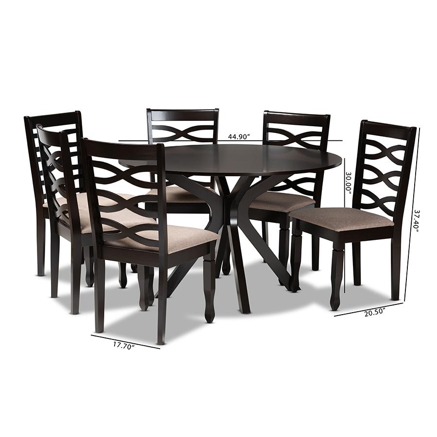 Sand Fabric Upholstered Dark Brown Finished Wood 7-Piece Dining Set. Picture 9