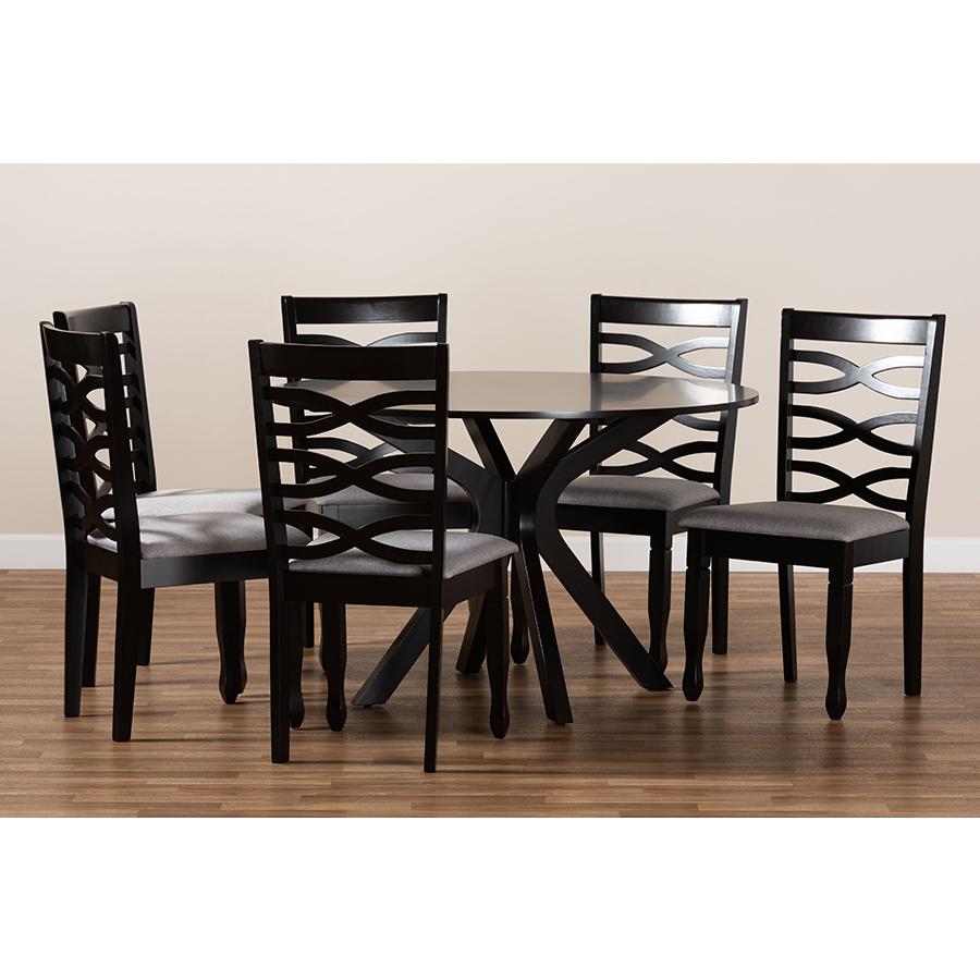 Grey Fabric Upholstered and Dark Brown Finished Wood 7-Piece Dining Set. Picture 8