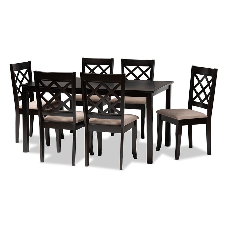 Sand Fabric Upholstered Dark Brown Finished 7-Piece Wood Dining Set. Picture 1
