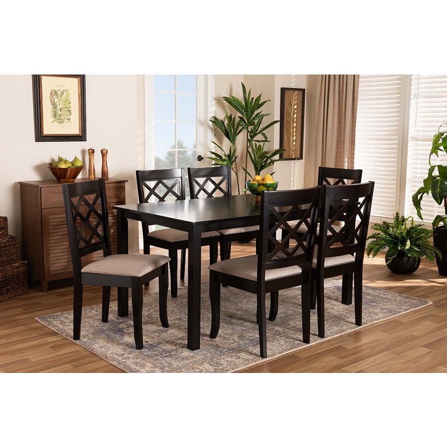 Sand Fabric Upholstered Dark Brown Finished 7-Piece Wood Dining Set. Picture 7