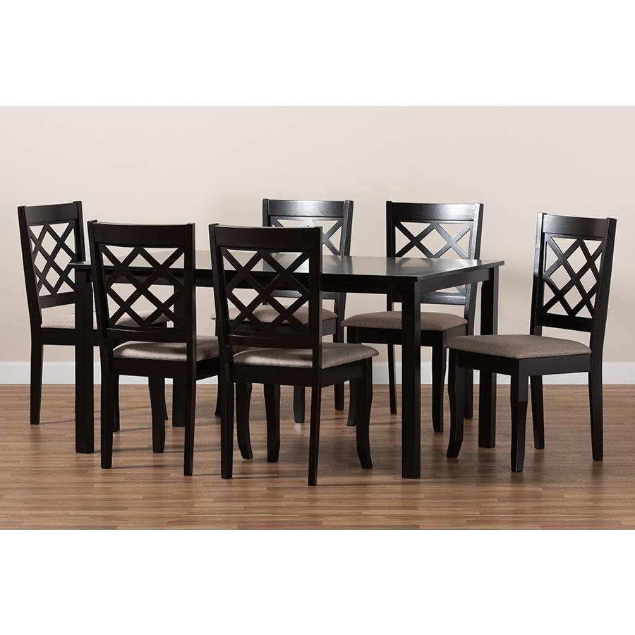 Sand Fabric Upholstered Dark Brown Finished 7-Piece Wood Dining Set. Picture 8