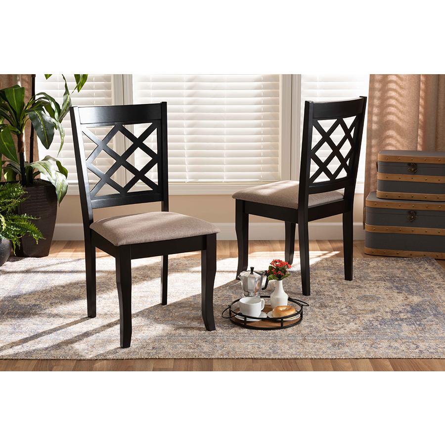 Sand Fabric Upholstered Dark Brown Finished 2-Piece Wood Dining Chair Set. Picture 6