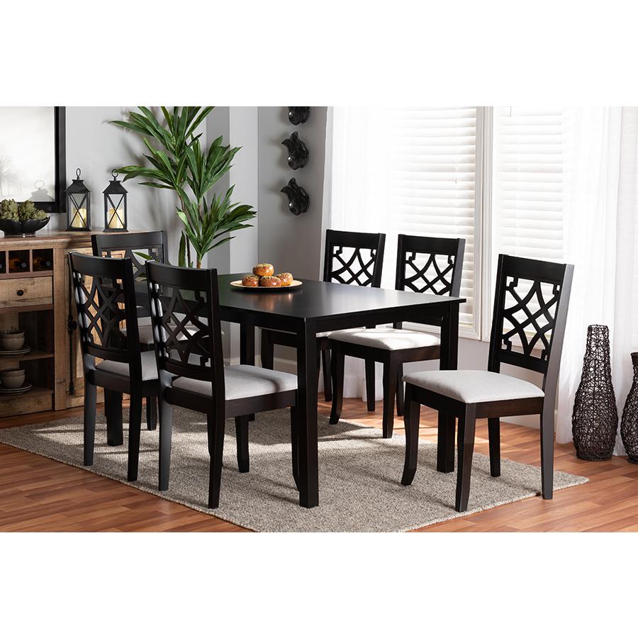 Grey Fabric Upholstered and Dark Brown Finished Wood 7-Piece Dining Set. Picture 7