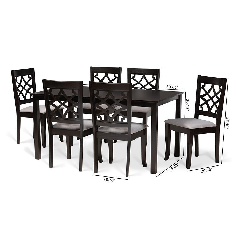 Grey Fabric Upholstered and Dark Brown Finished Wood 7-Piece Dining Set. Picture 9