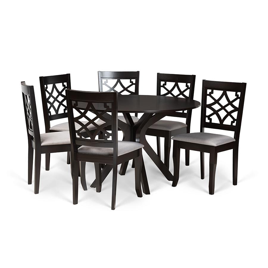 Grey Fabric Upholstered and Dark Brown Finished Wood 7-Piece Dining Set. Picture 1