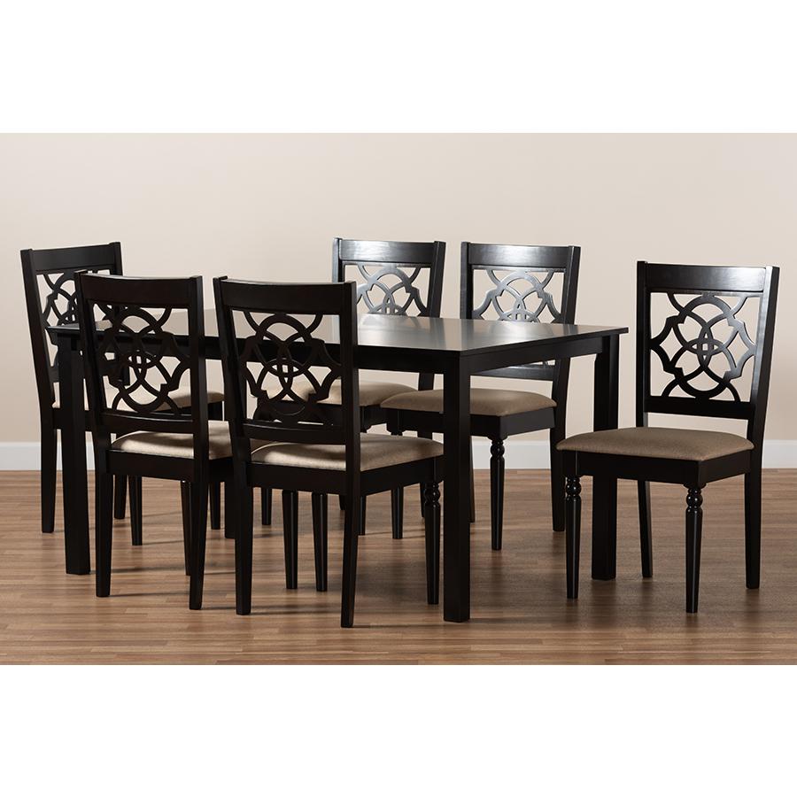 Sand Fabric Upholstered and Dark Brown Finished Wood 7-Piece Dining Set. Picture 8