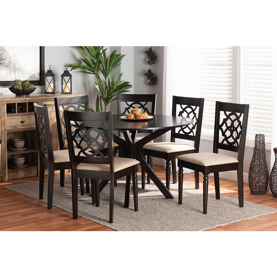 Sand Fabric Upholstered and Dark Brown Finished Wood 7-Piece Dining Set. Picture 7