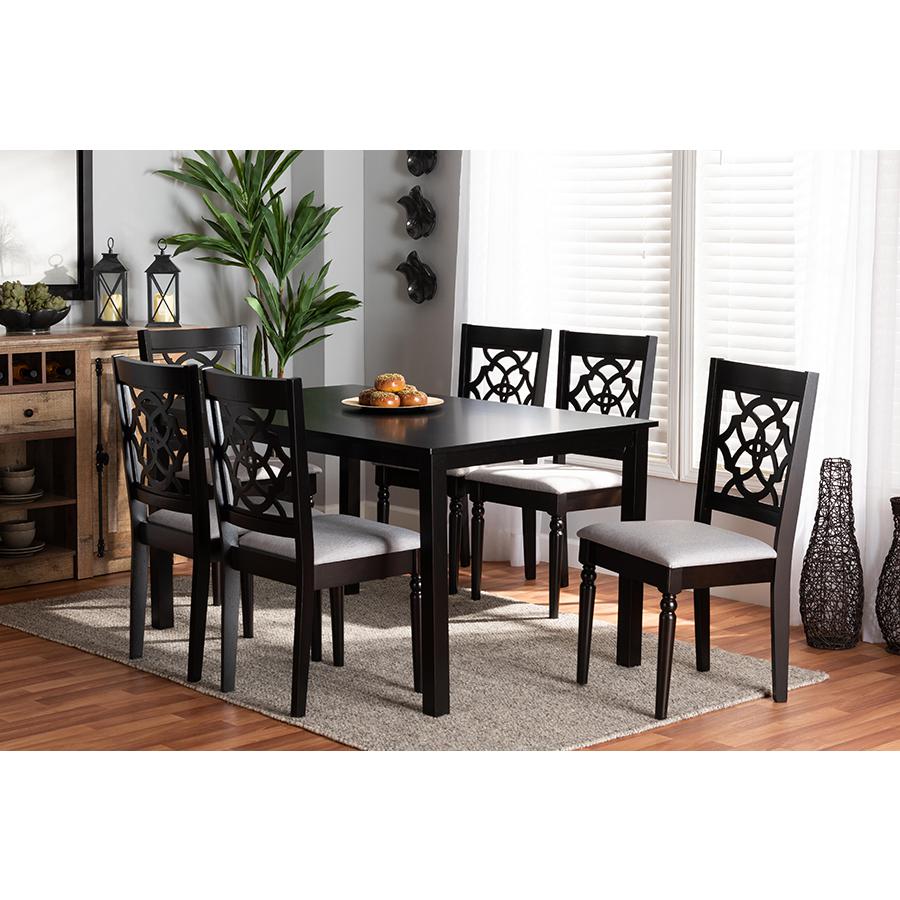 Grey Fabric Upholstered and Dark Brown Finished Wood 7-Piece Dining Set. Picture 7